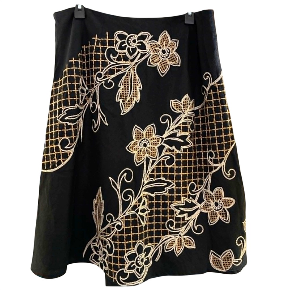 Autograph New York Skirt Womens 14 Black Linen Floral Embroidered Boho Lagenlook